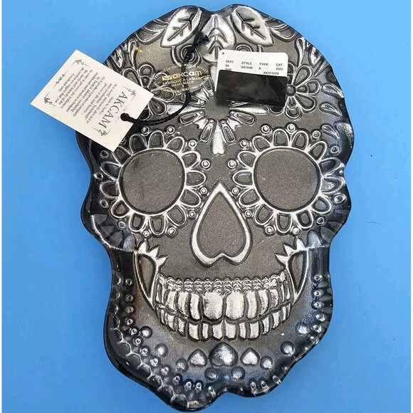 AKCAM Sugar Skull Black Silver 8”x6” Serving Dish Platter Goth Halloween Gothic - Picture 1 of 10